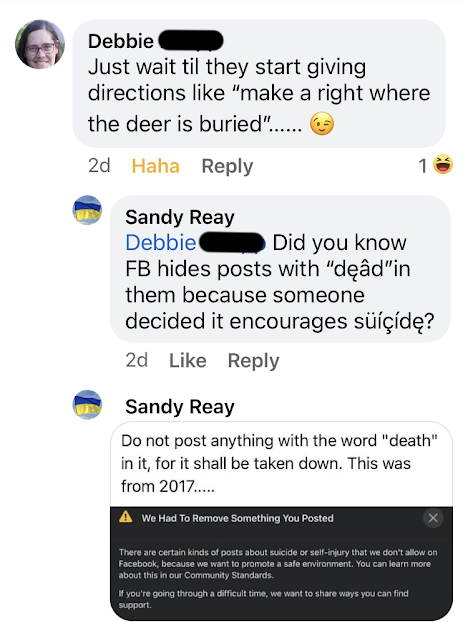 comments. Debbie: Just wait til they start giving directions like make a right where the deer is buried ...... smile emoji  Me: did you know FB hides posts with dead in them because someone decided it encourages suicide?  Image of a post: Do not post anything with the word death in it, for it shall be taken down. This was from 20217: We Had to Remove Something You Posted. There are certain kinds of posts about suicide or self-injury that we don't allow on Facebook, because we want to promote a safe environment. You can learn more about this in our Community Standards. If you're going through a difficult time, we want to share ways you can find support.